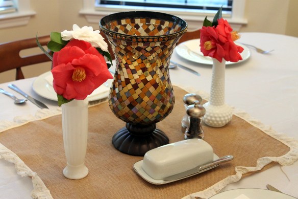 Tablescape using burlap and milk glass wedding items